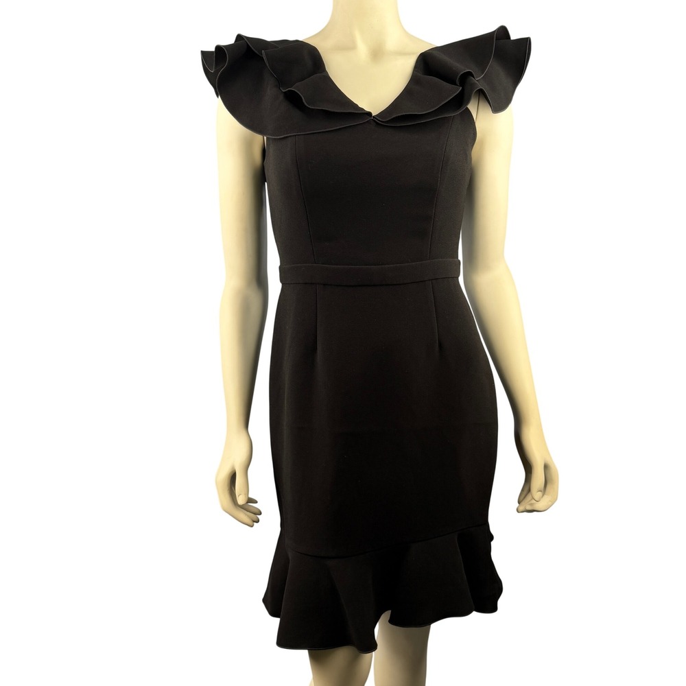 Rachel‎ Zoe Dress Women 6 Black Ruffle Cold Shoulder V-Neck Sheath Delia